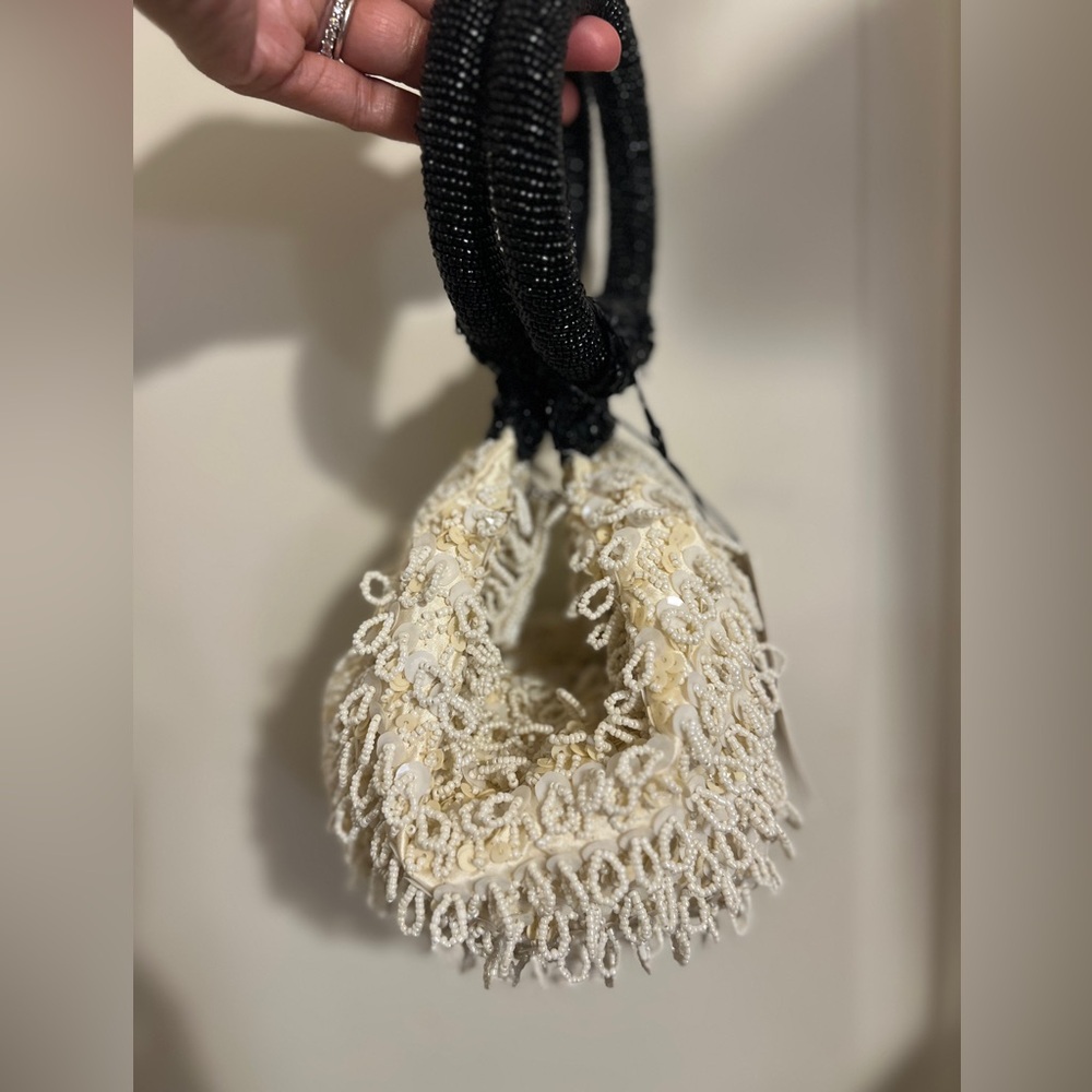 Zara Beaded Evening Mini Purse Tote Bag Cream Black Bridesmaid Wedding TikTok - Picture 2 of 13